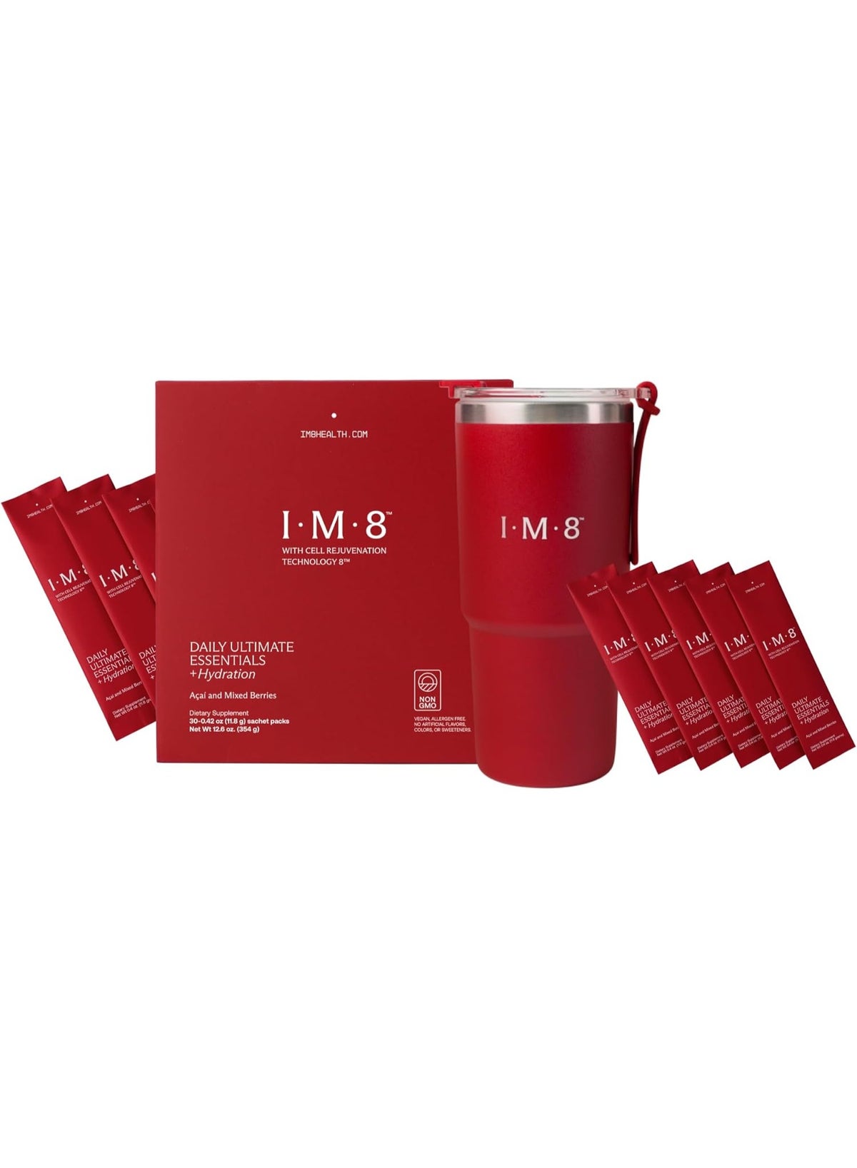 IM8 Daily Ultimate Essentials All-in-One Multivitamin Supplement, 92  Nutrient Rich Ingredients CoQ10, Probiotics, Vitamins, Greens, GF, Acai  Mixed Berry (30 Servings, Travel Packs - Tumbler Included) | Best Price KSA  | Riyadh, Jeddah