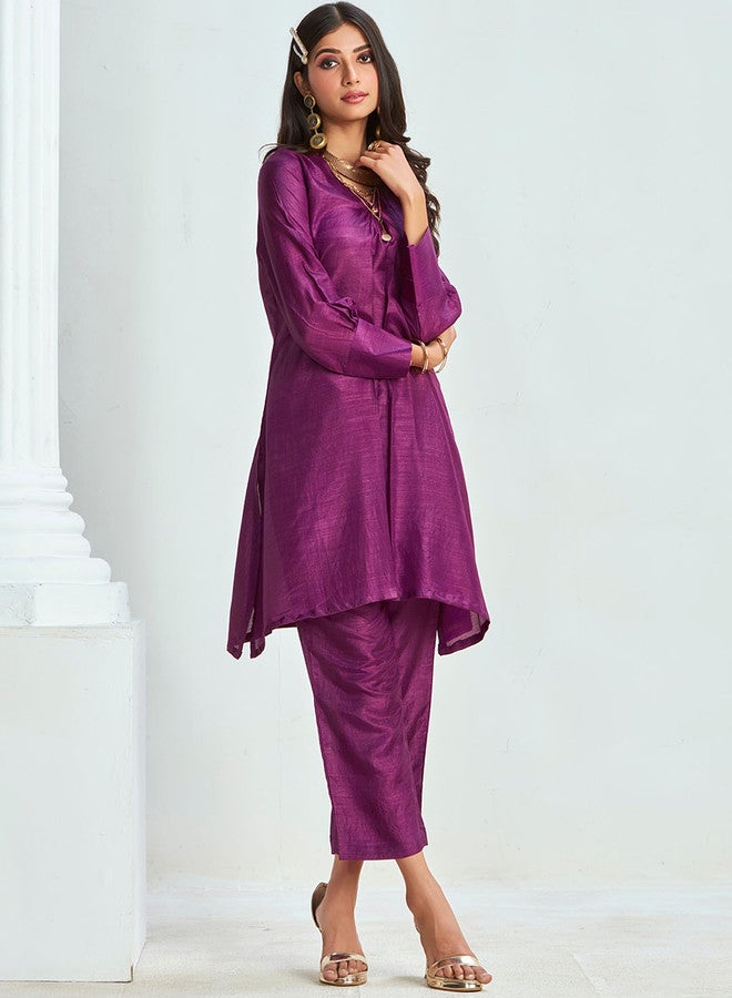 ISHIN V-Neck A-Line Kurta With Trouser - Image 3