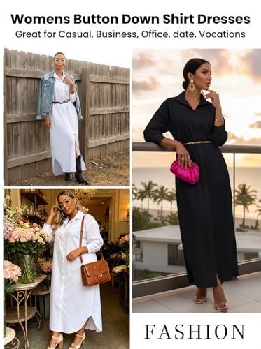Choichic Shirt Dresses for Women Casual Long Sleeve Collared Solid Color Loose Button Down T Shirts Dress Plus Size Maxi Dresses X-Large White - Image 5