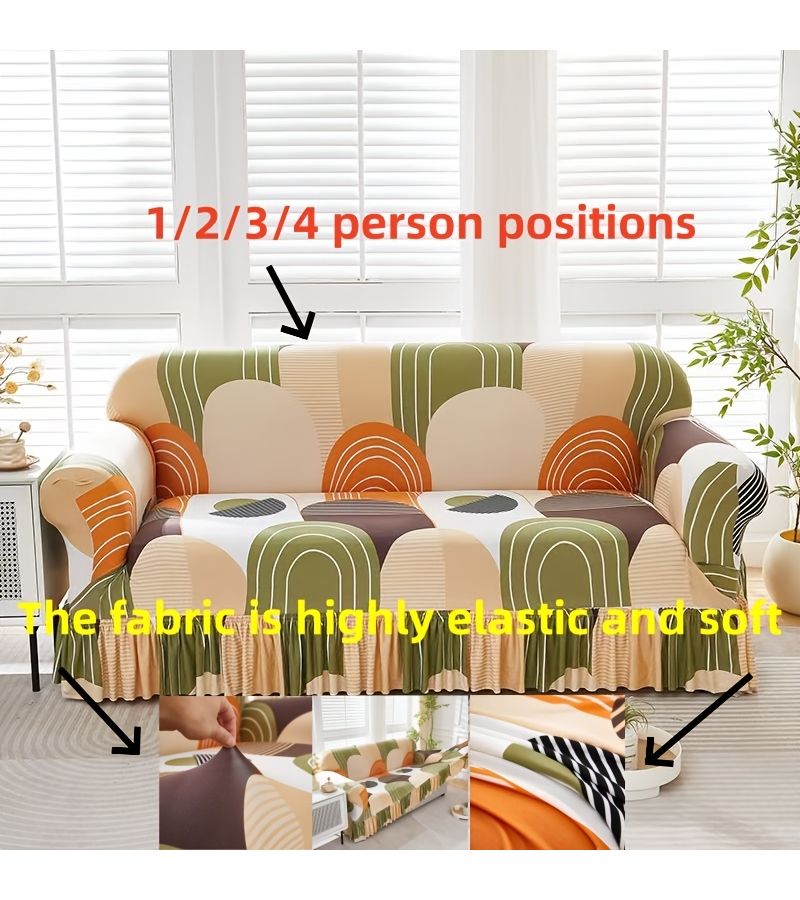 3 People All Season Universal Garden Style Silky Fiber Fabric Stretch Sofa Cover For Living Room Breathable Wear Resistant Easy To Clean Solid Color Skirted Hem Home Decor - Image 1