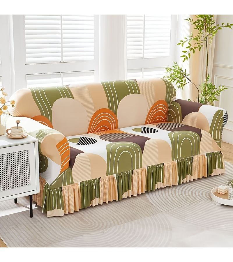3 People All Season Universal Garden Style Silky Fiber Fabric Stretch Sofa Cover For Living Room Breathable Wear Resistant Easy To Clean Solid Color Skirted Hem Home Decor - Image 2