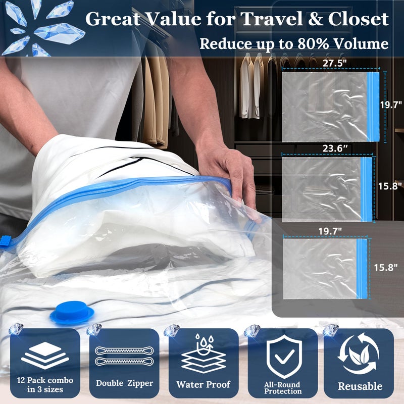 XIAQILAUS Vacuum Sealing Bags for Clothing Travel,Space Saver Vacuum Storage Bags with Wireless Air Pump (12 Combo Bags+Electric Pump) - Image 3