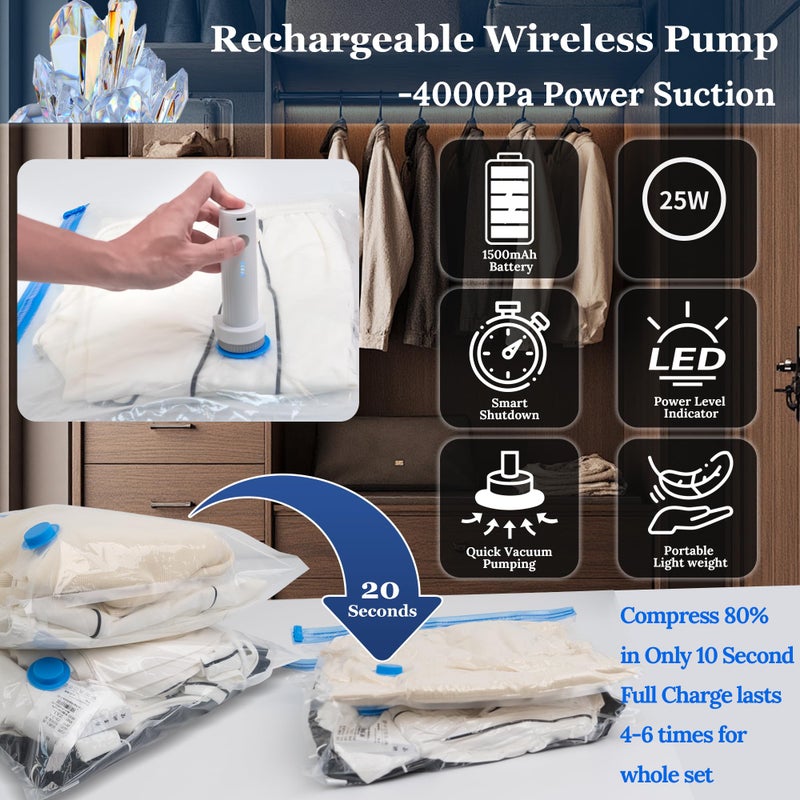 XIAQILAUS Vacuum Sealing Bags for Clothing Travel,Space Saver Vacuum Storage Bags with Wireless Air Pump (12 Combo Bags+Electric Pump) - Image 4