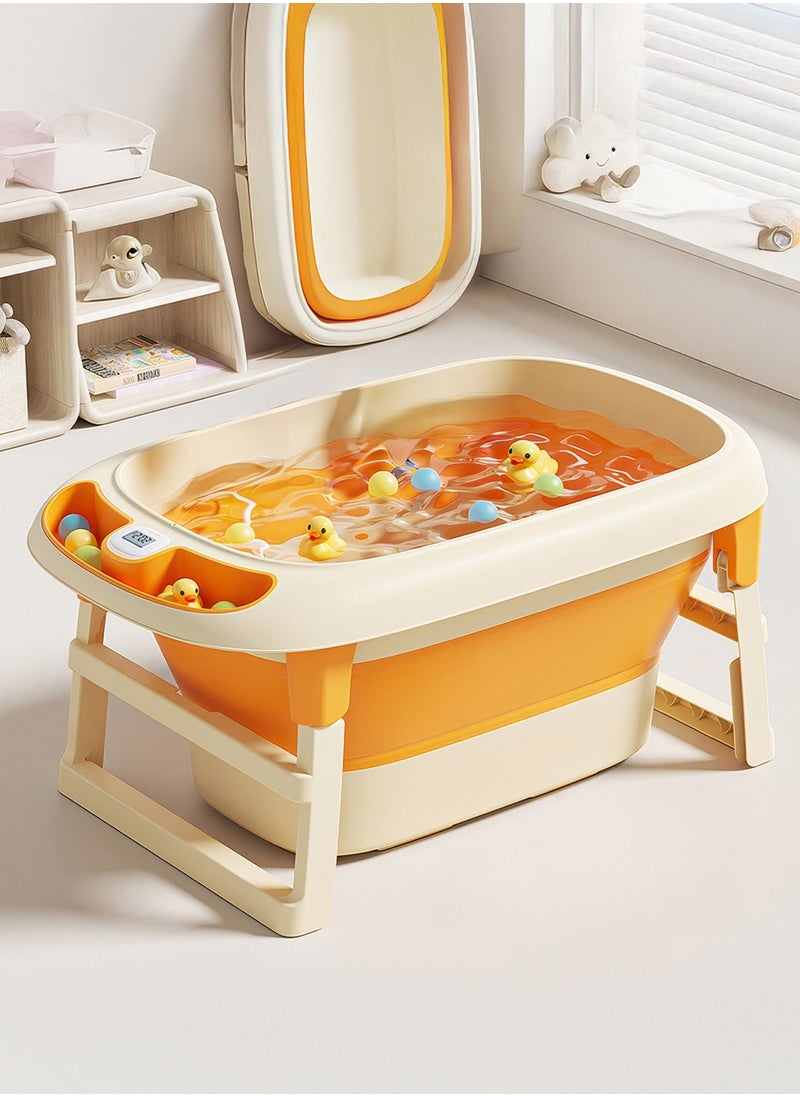RENOVO - Portable Baby Bathtub Children Foldable Plastic Bathtubs With Thermometer, Plastic Balls, Duck Toy and Soap Tray, Yellow - Image 1