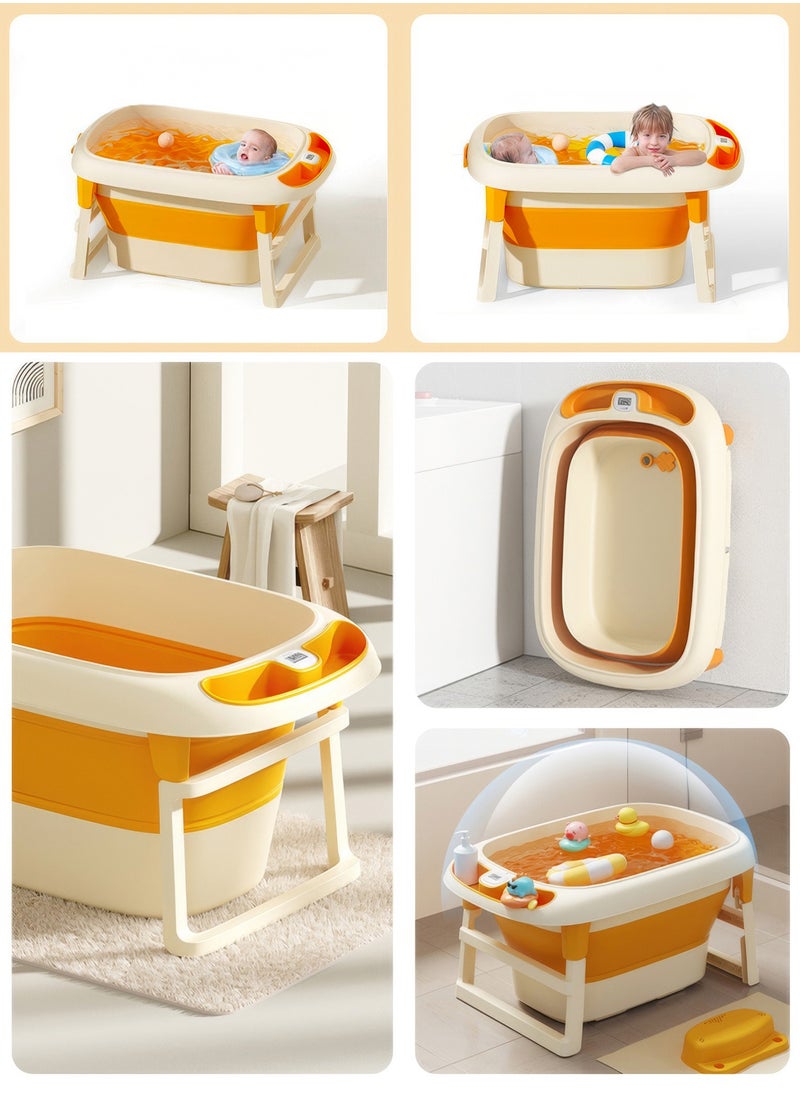 RENOVO - Portable Baby Bathtub Children Foldable Plastic Bathtubs With Thermometer, Plastic Balls, Duck Toy and Soap Tray, Yellow - Image 1