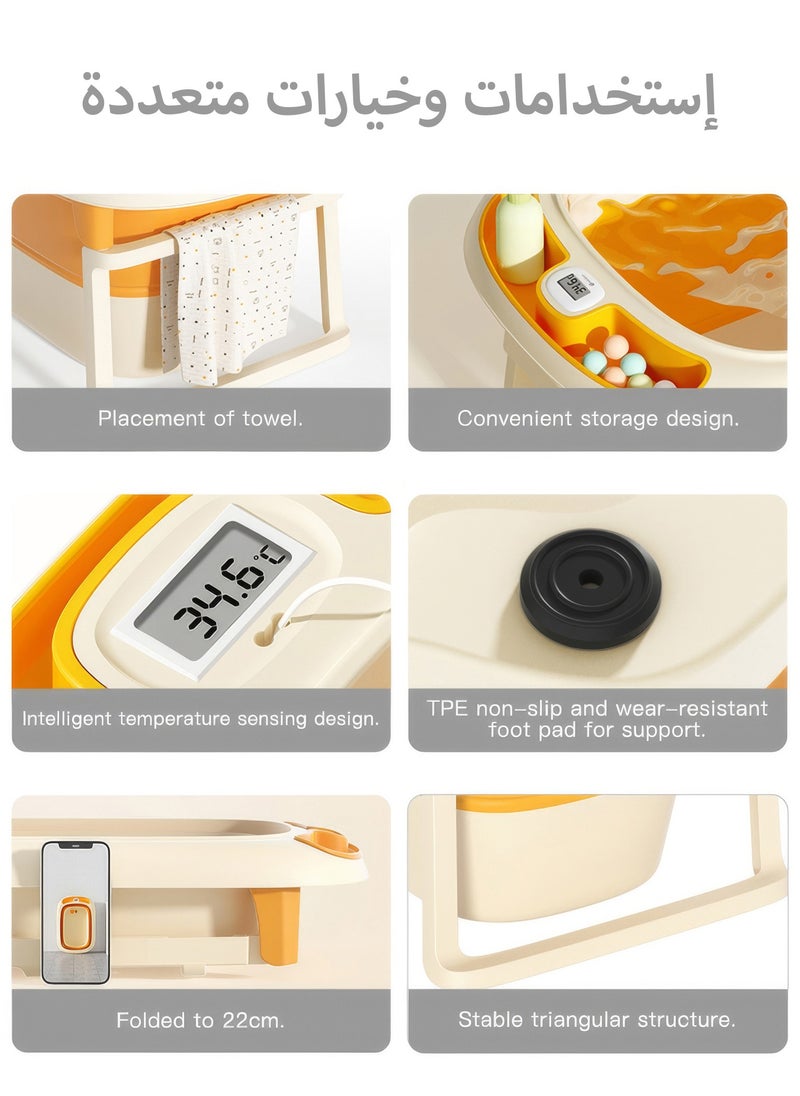 RENOVO - Portable Baby Bathtub Children Foldable Plastic Bathtubs With Thermometer, Plastic Balls, Duck Toy and Soap Tray, Yellow - Image 1