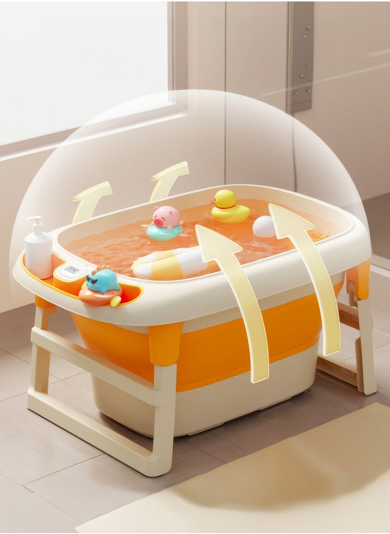 RENOVO - Portable Baby Bathtub Children Foldable Plastic Bathtubs With Thermometer, Plastic Balls, Duck Toy and Soap Tray, Yellow - Image 1