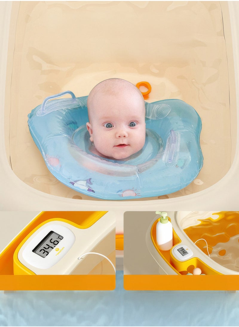 RENOVO - Portable Baby Bathtub Children Foldable Plastic Bathtubs With Thermometer, Plastic Balls, Duck Toy and Soap Tray, Yellow - Image 1