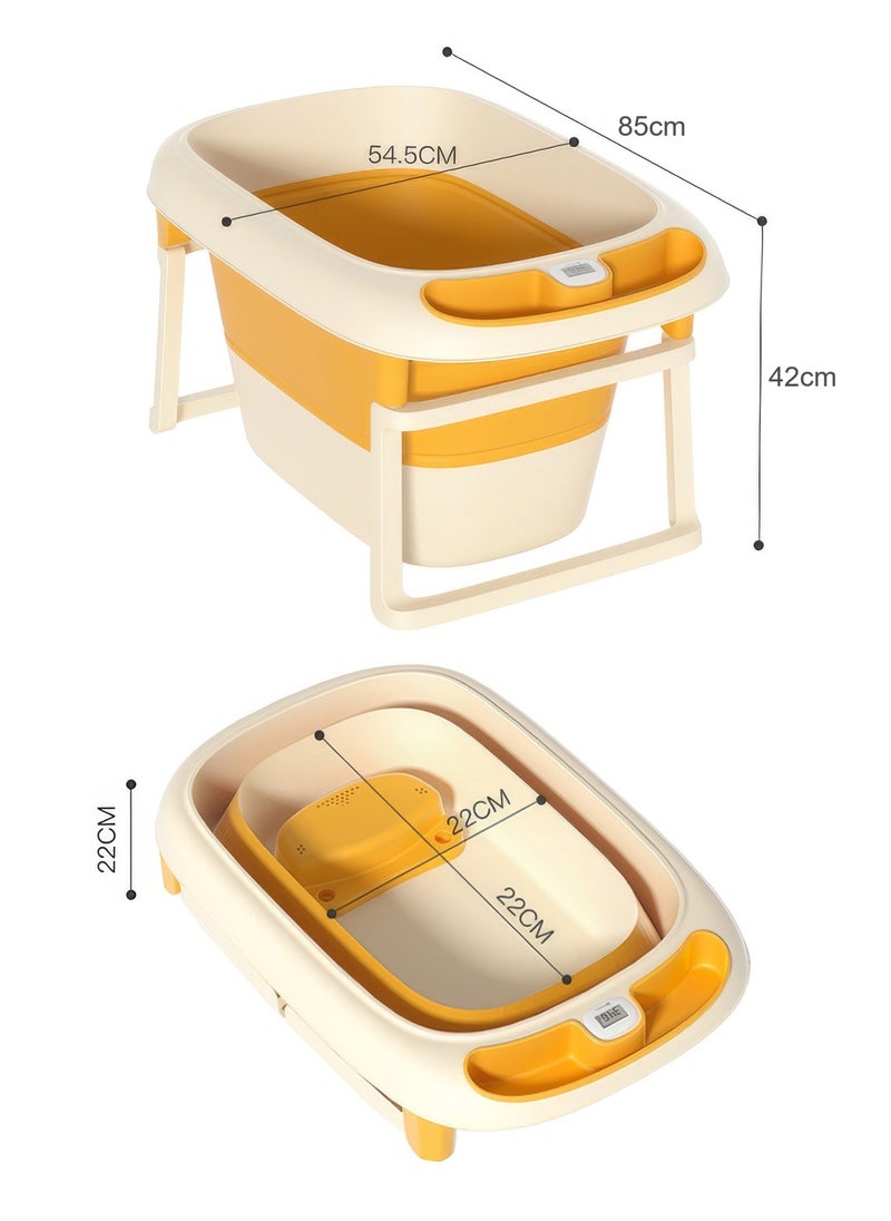 RENOVO - Portable Baby Bathtub Children Foldable Plastic Bathtubs With Thermometer, Plastic Balls, Duck Toy and Soap Tray, Yellow - Image 1