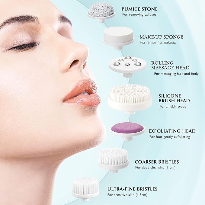 COSLUS فرشاة تنظيف الوجه الدوارة COSLUS 7 في 1 مقشر كهربائي منظف دوار مقاوم للماء مقشر لطيف لتنظيف عميق للوجه للعناية بالبشرة مناسب لمعظم الناس مجموعة - Image 3
