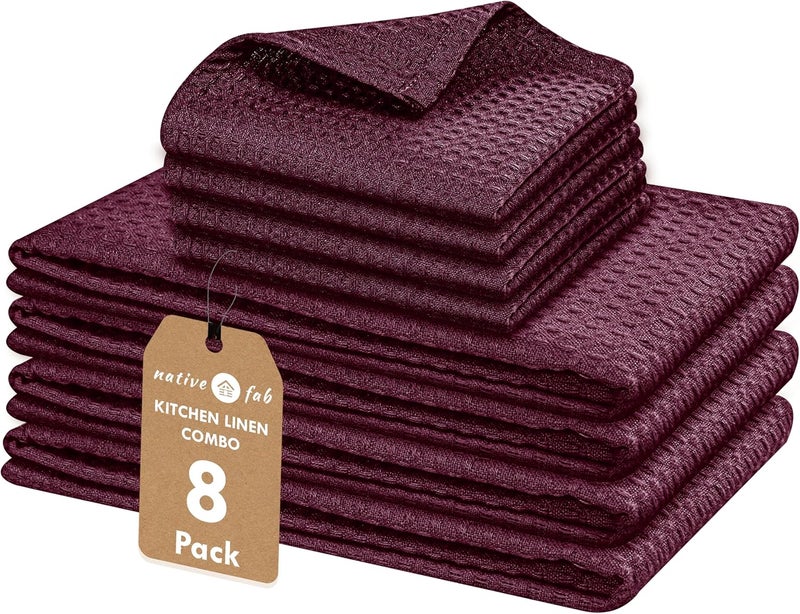 Native Fab Kitchen Towels  Dish Cloth Set 100 Cotton 8 Piece Absorbent Durable Washable Quick Drying Towel for Cleaning Cooking Baking  Ideal for Home Bars  Everyday Use  Burgundy Wine - Image 1