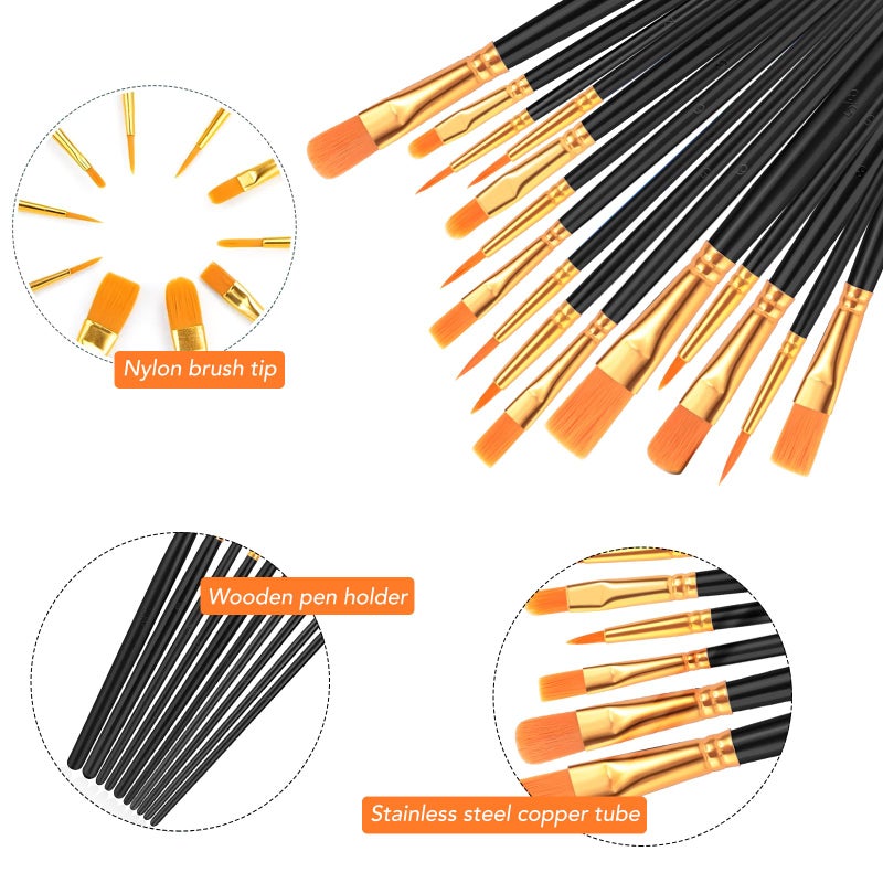 AROIC Acrylic Paint Brush Set, 2 Packs / 20 pcs Nylon Hair Brushes for All Purpose Oil Watercolor Painting Artist Professional Kits (Black) - Image 3