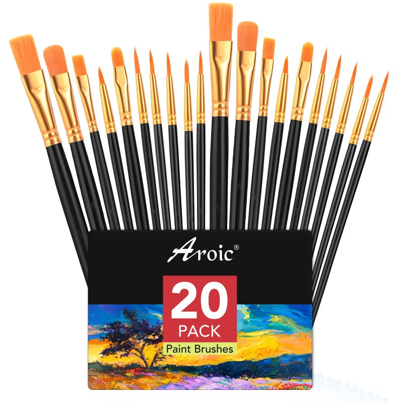 AROIC Acrylic Paint Brush Set, 2 Packs / 20 pcs Nylon Hair Brushes for All Purpose Oil Watercolor Painting Artist Professional Kits (Black) - Image 1