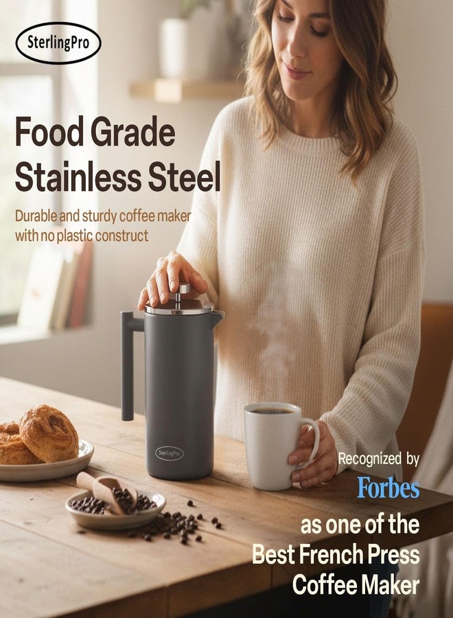 SterlingPro French Press Coffee Maker-Double Walled Large Coffee Press with 2 Free Filters- Granule-Free Coffee, Stylish Rust Free Kitchen Accessory-Stainless Steel French Press (1.75L, Grey) - Image 5