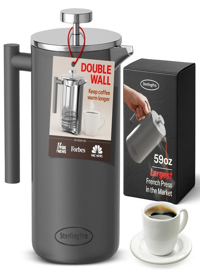 SterlingPro French Press Coffee Maker-Double Walled Large Coffee Press with 2 Free Filters- Granule-Free Coffee, Stylish Rust Free Kitchen Accessory-Stainless Steel French Press (1.75L, Grey) - Image 1