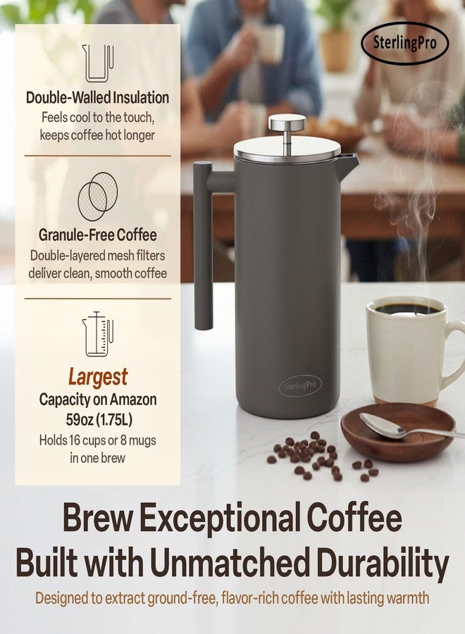 SterlingPro French Press Coffee Maker-Double Walled Large Coffee Press with 2 Free Filters- Granule-Free Coffee, Stylish Rust Free Kitchen Accessory-Stainless Steel French Press (1.75L, Grey) - Image 2