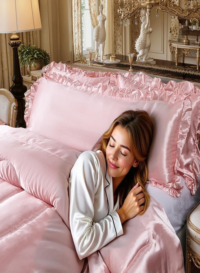 Bedding_Dreamer طقم لحاف كوين من الساتان من Bedding_Dreamer، طقم سرير ناعم كالحرير من البوليستر الوردي، غطاء وسادة فاخر حريري مع لحاف مكشكش، ديكور منزلي - Image 5