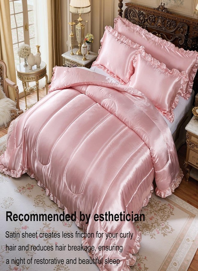 Bedding_Dreamer طقم لحاف كوين من الساتان من Bedding_Dreamer، طقم سرير ناعم كالحرير من البوليستر الوردي، غطاء وسادة فاخر حريري مع لحاف مكشكش، ديكور منزلي - Image 4