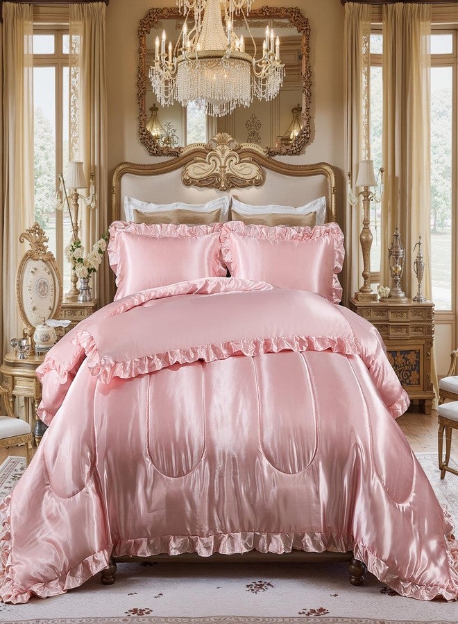 Bedding_Dreamer طقم لحاف كوين من الساتان من Bedding_Dreamer، طقم سرير ناعم كالحرير من البوليستر الوردي، غطاء وسادة فاخر حريري مع لحاف مكشكش، ديكور منزلي - Image 3