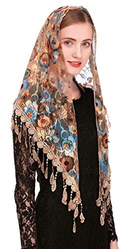 PAMOR Mass Veil Triangle Mantilla Cathedral Head Covering Chapel Veil Lace Shawl Latin Scarf (Beige) - Image 3