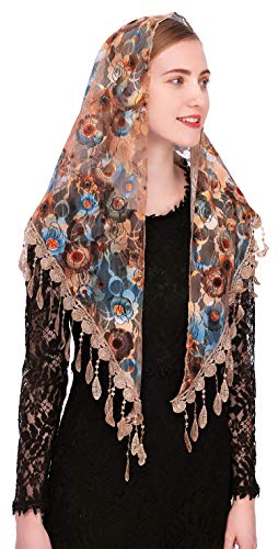 PAMOR Mass Veil Triangle Mantilla Cathedral Head Covering Chapel Veil Lace Shawl Latin Scarf (Beige) - Image 5