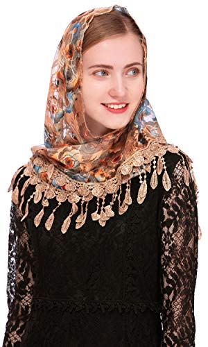 PAMOR Mass Veil Triangle Mantilla Cathedral Head Covering Chapel Veil Lace Shawl Latin Scarf (Beige) - Image 4