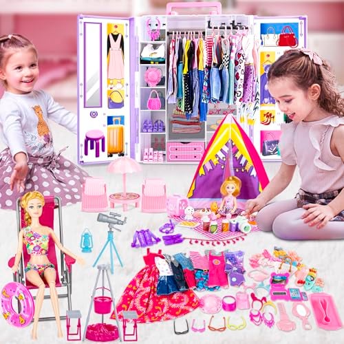 TQRAZ 164 Pcs Doll Closet with 115 Inch Doll Clothes and Accessories Set Camping Set Princess Dresses Camping Tent Beach Swim Accessories Set Diving Suit Dress Up Toys for Girls Gift - Image 5
