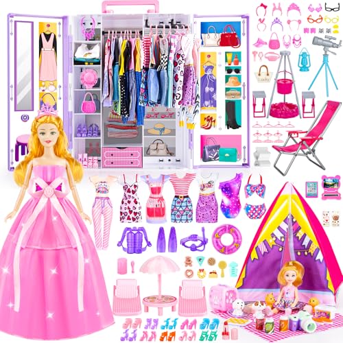 TQRAZ 164 Pcs Doll Closet with 115 Inch Doll Clothes and Accessories Set Camping Set Princess Dresses Camping Tent Beach Swim Accessories Set Diving Suit Dress Up Toys for Girls Gift - Image 1
