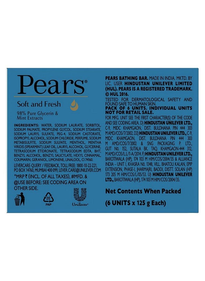 Soft & Fresh Bathing Bar With 98% Pure Glycerine & Mint Extracts For Fresh Glow (125G X 6)