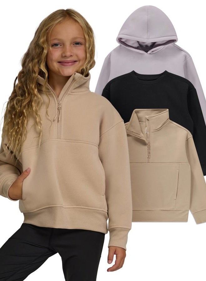 PURE CHAMP Girls Sweatshirt 3 Pack Hoodie for Teen Girls Crewneck Sweatshirt Quarter Zip hoodies Fleece Sizes 4–16 Clothing, Black ,Beige, Lilac, XL - Image 1