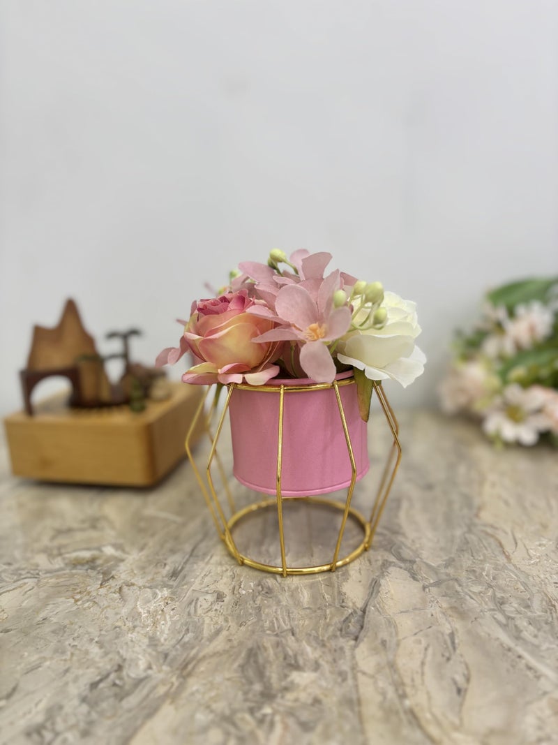 HOME ELEMENTS Tabletop Artificial Flowers in Metal Frame Vase Room Decor Centre Table Showpiece Artificial Flower Pots for Living Room Office New Home Decoration Gift - Pink & White Flower (13x16cm) - Image 3