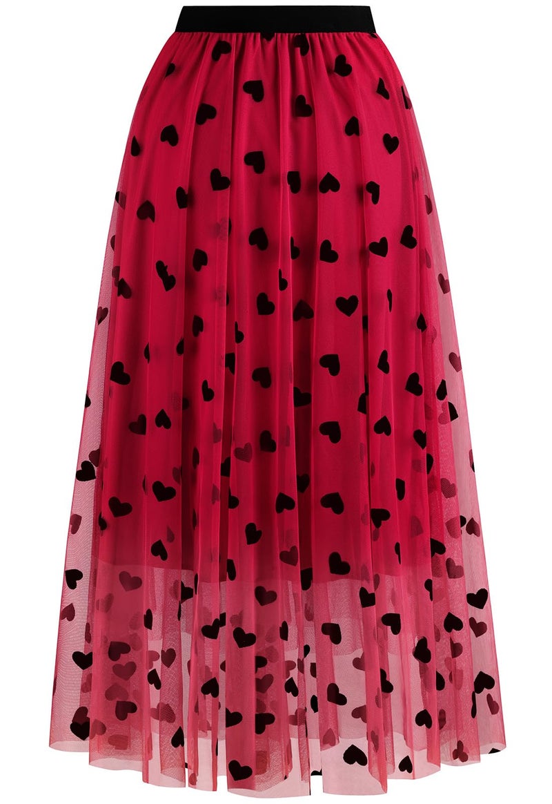 Reaowazo Skirts for Women Midi Long Length Dressy Casual Trendy Summer Tulle A-Line Floral High Waist Skirt Heart Red S-M - Image 4