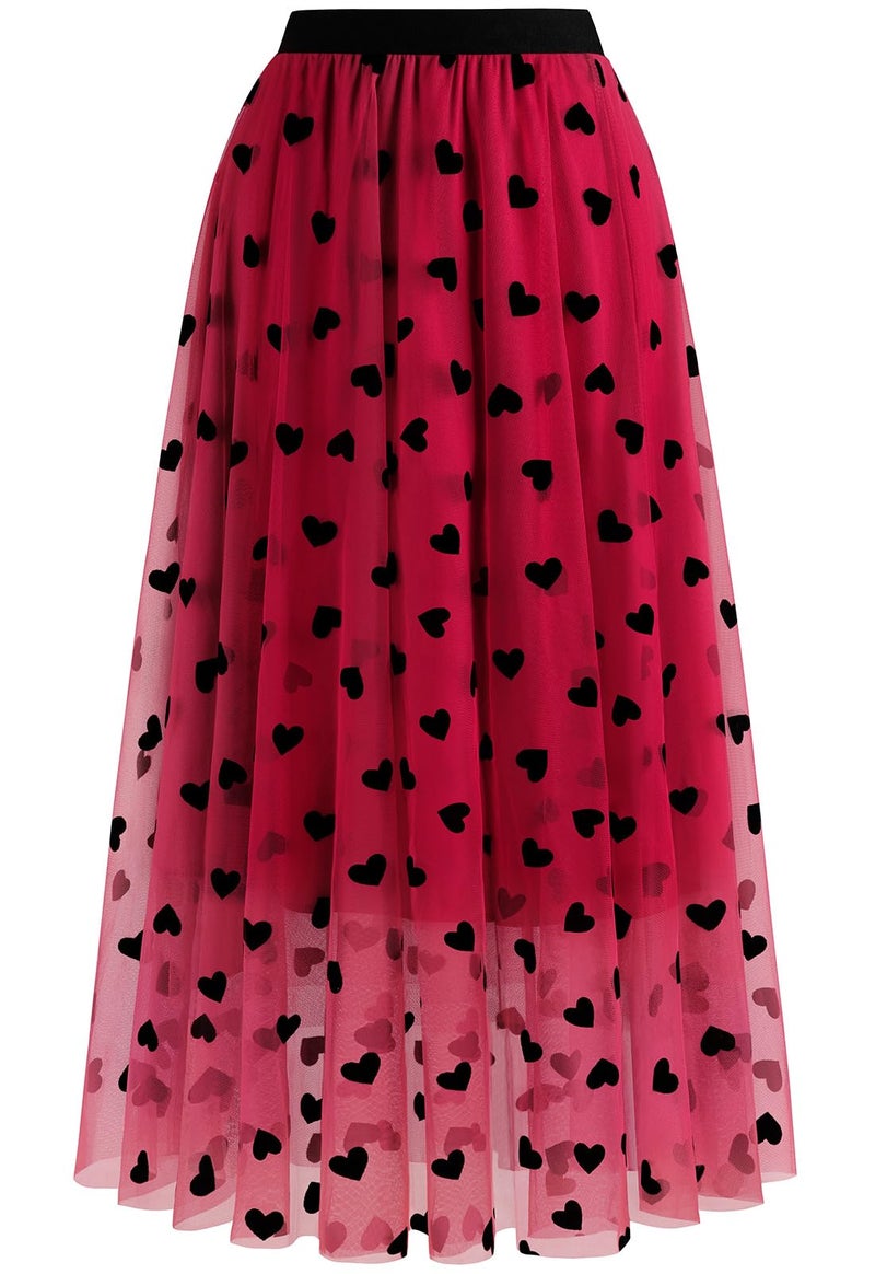 Reaowazo Skirts for Women Midi Long Length Dressy Casual Trendy Summer Tulle A-Line Floral High Waist Skirt Heart Red S-M - Image 1