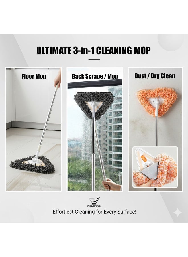 360-Degree Rotating Multifunctional Triangular Mop with Telescopic Extension Handle and Reusable Cloths for Home, Window, and Car Cleaning (Includes 3 Replacements) - Image 1