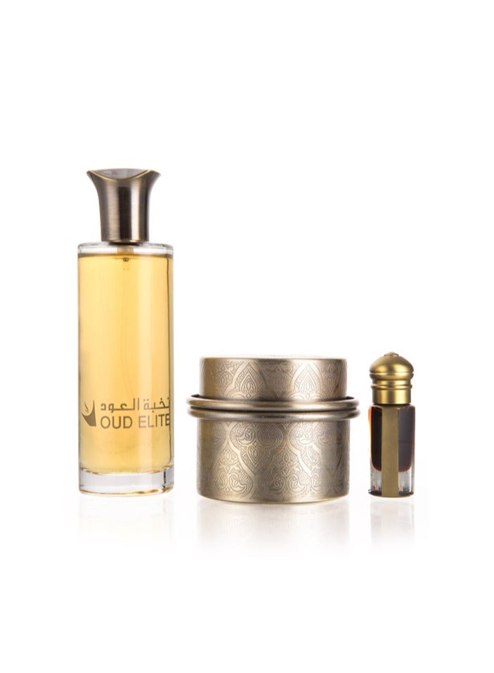 Oud Elite Roaya Gift Set Parfum (100 ml), Insence (60 Gram), Mini Spray (6 ml) - Image 3