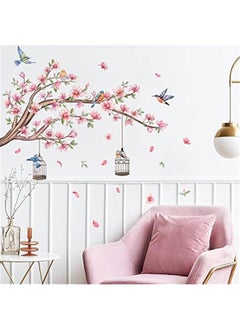 Pink Flowers Wall Stickers Cherry Blossom Tree Branch Wall Decals Colorful Flying Birds Birdcage Wall Sticker for Girls Room Bedroom Living Room TV Background Nursery Decor