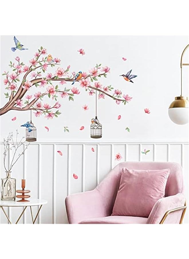 Generic - Pink Flowers Wall Stickers Cherry Blossom Tree Branch Wall Decals Colorful Flying Birds Birdcage Wall Sticker for Girls Room Bedroom Living Room TV Background Nursery Decor - Image 1