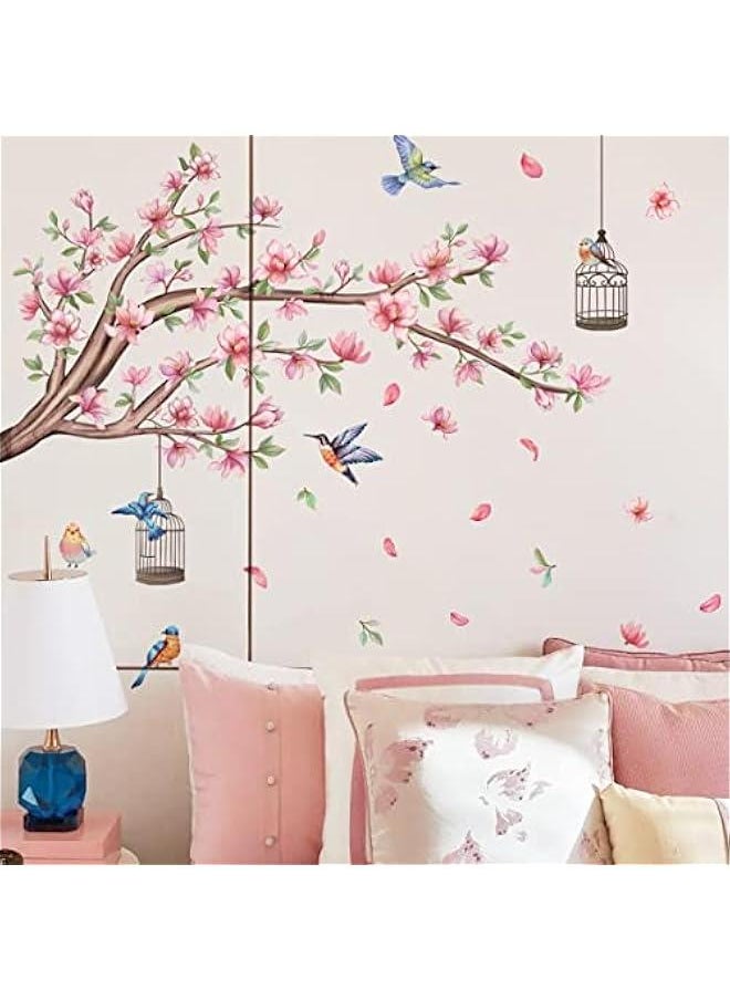 Generic - Pink Flowers Wall Stickers Cherry Blossom Tree Branch Wall Decals Colorful Flying Birds Birdcage Wall Sticker for Girls Room Bedroom Living Room TV Background Nursery Decor - Image 1