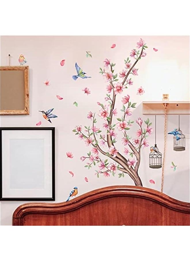 Generic - Pink Flowers Wall Stickers Cherry Blossom Tree Branch Wall Decals Colorful Flying Birds Birdcage Wall Sticker for Girls Room Bedroom Living Room TV Background Nursery Decor - Image 1