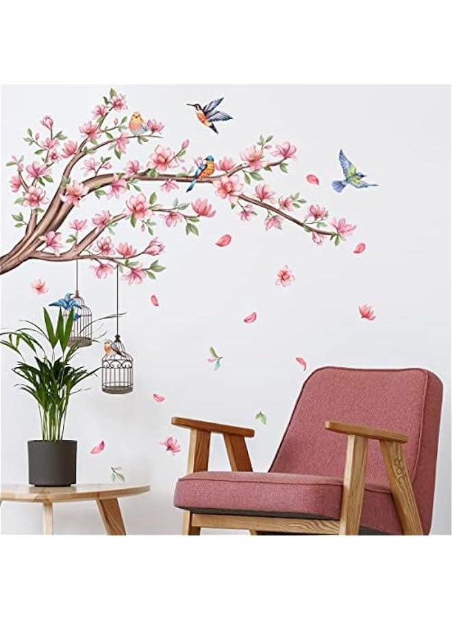 Generic - Pink Flowers Wall Stickers Cherry Blossom Tree Branch Wall Decals Colorful Flying Birds Birdcage Wall Sticker for Girls Room Bedroom Living Room TV Background Nursery Decor - Image 1