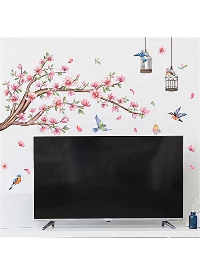Generic - Pink Flowers Wall Stickers Cherry Blossom Tree Branch Wall Decals Colorful Flying Birds Birdcage Wall Sticker for Girls Room Bedroom Living Room TV Background Nursery Decor - Image 1