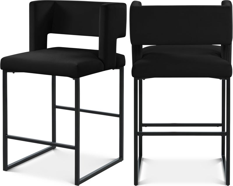Meridian Furniture Caleb Collection Modern  Contemporary Counter Height Stool with Unique Square Back and Sturdy Iron Legs Set of 2 Black Velvet 195 W x 205 D x 36 H