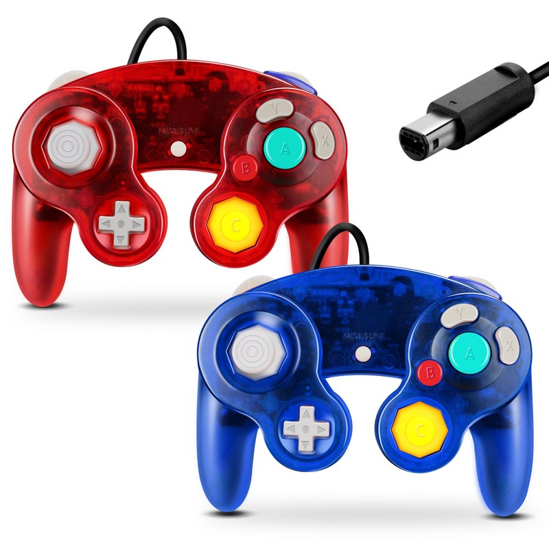 FIOTOK Gamecube Controller Classic Wired Controller for Wii Nintendo Gamecube Clear Red Clear Blue 2Pack