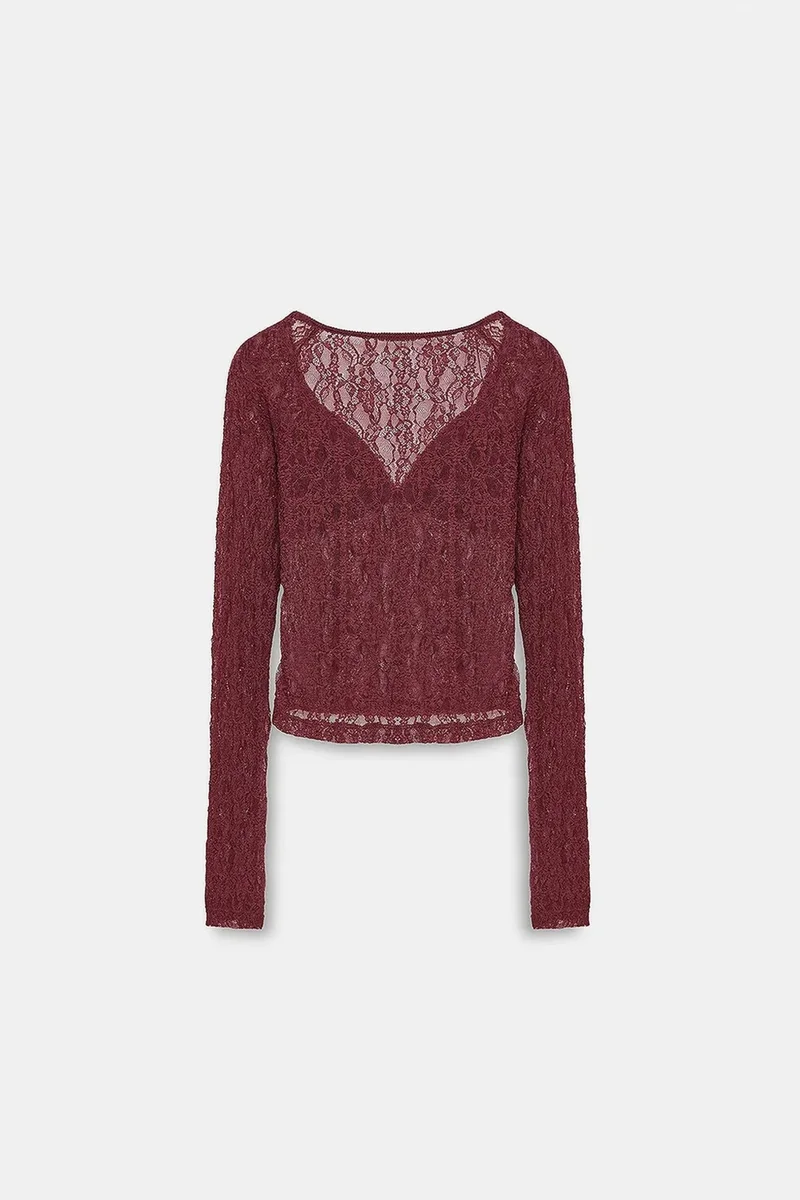 Dilvin Burgundy Red DILVIN Women’s Lace V-neck Long-sleeve Top for Women | Best Price UAE