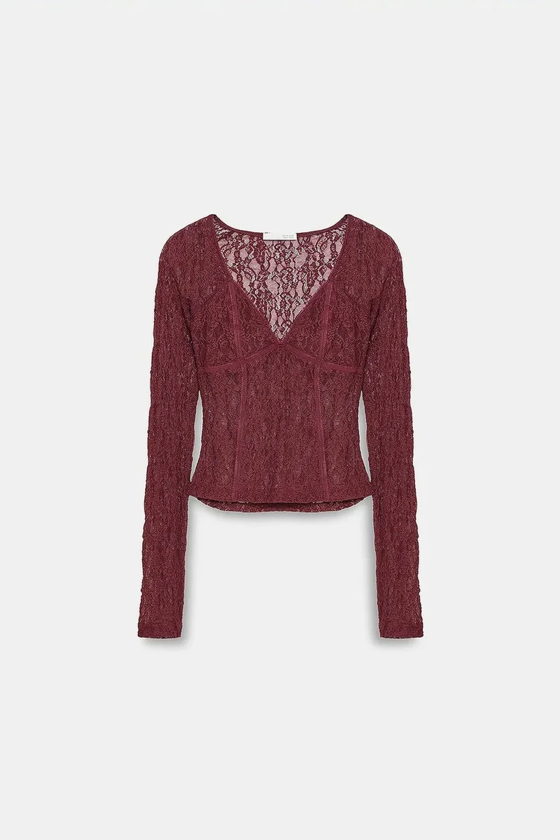 DILVIN Women’s Lace V-neck Long-sleeve Top