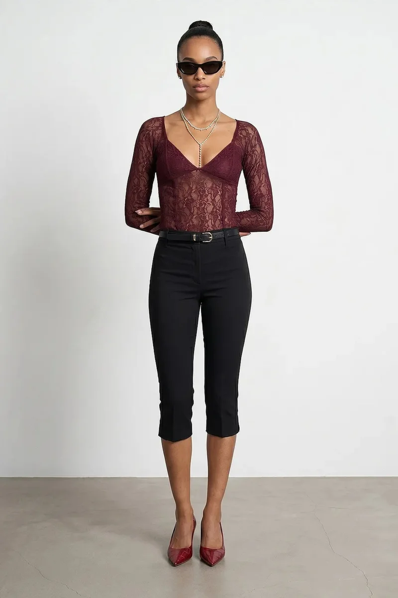 Dilvin Burgundy Red DILVIN Women’s Lace V-neck Long-sleeve Top for Women | Best Price UAE