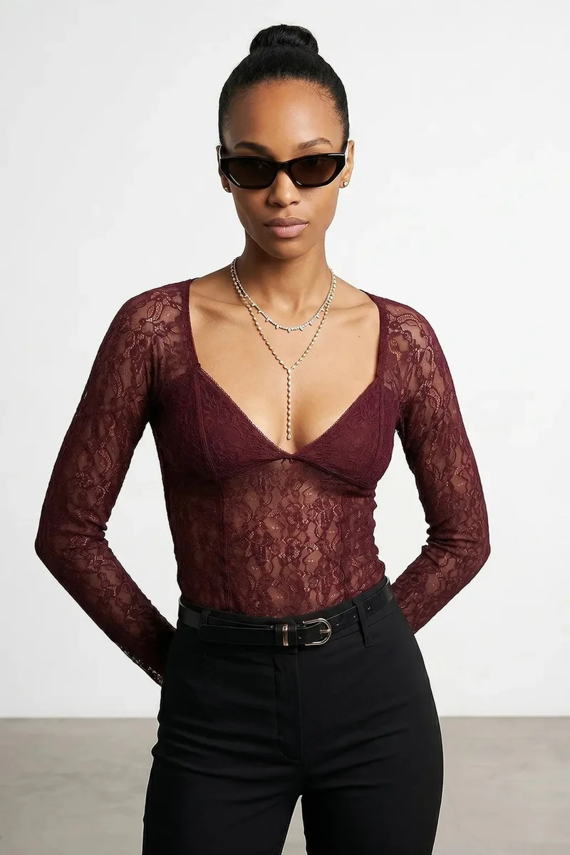 Dilvin Burgundy Red DILVIN Women’s Lace V-neck Long-sleeve Top for Women | Best Price UAE