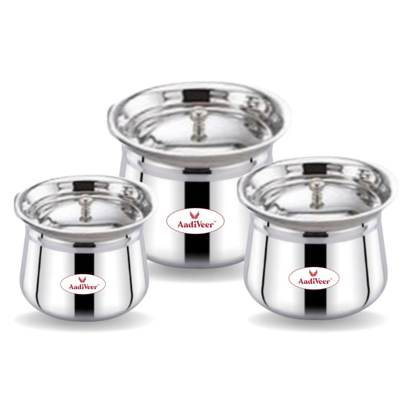 AadiVeer AadiVeer Stainless Steel High Polished Steel Handi | Milk Pot | Steel Pot | Dahi Handi | Biryani Handi with Lid & Knob, Set of 3 Pcs, Capacity - 400ml, 900ml, 1350ml, Silver  - Image 1