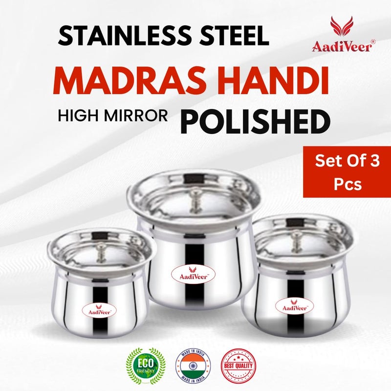 AadiVeer AadiVeer Stainless Steel High Polished Steel Handi | Milk Pot | Steel Pot | Dahi Handi | Biryani Handi with Lid & Knob, Set of 3 Pcs, Capacity - 400ml, 900ml, 1350ml, Silver  - Image 2
