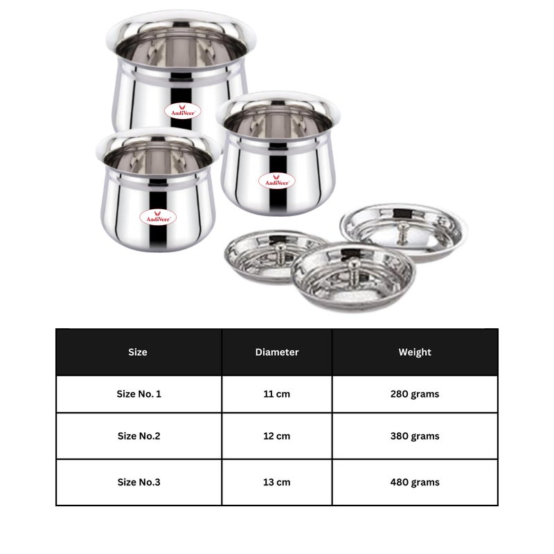 AadiVeer AadiVeer Stainless Steel High Polished Steel Handi | Milk Pot | Steel Pot | Dahi Handi | Biryani Handi with Lid & Knob, Set of 3 Pcs, Capacity - 400ml, 900ml, 1350ml, Silver  - Image 4